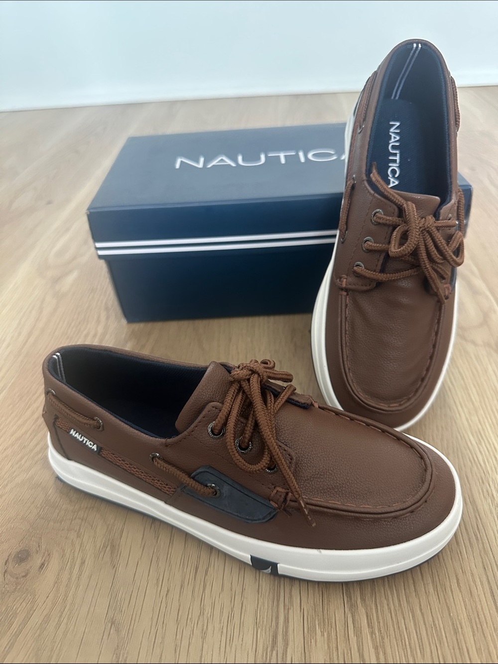 Nautica Boys Brown Leather Boat Shoes with White Sole
